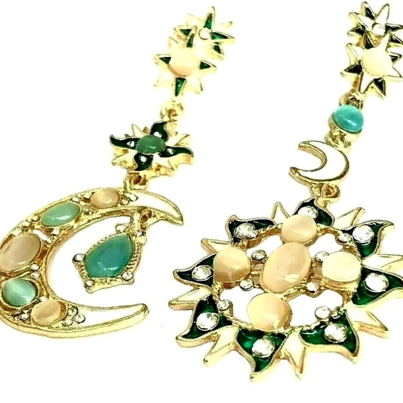 Gold teal crystal opalescent sun moon stars earrings - Picture 7 of 9